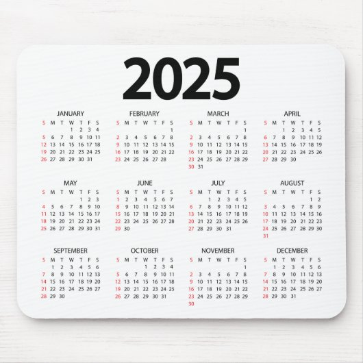 Super Simple 2025 White Background Calendar Mousepad (Vorne)