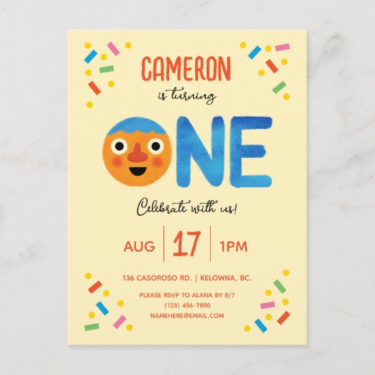 Super Simple Noodle & Pals Confetti 1. Geburtstag Postkarte (Vorderseite)