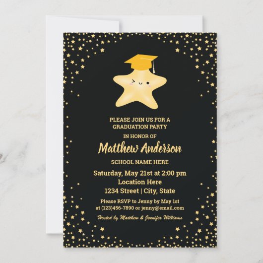 Super Star Abschluss mit Black and Gold Graduate Einladung (Vorderseite)