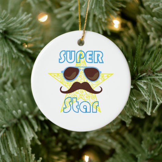 Super Star with sunglasses and mustache Keramik Ornament (Baum)