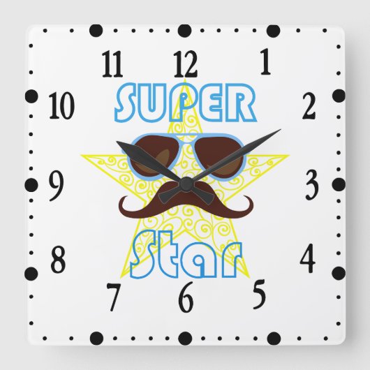 Super Star with sunglasses and mustache Quadratische Wanduhr (Vorderseite)