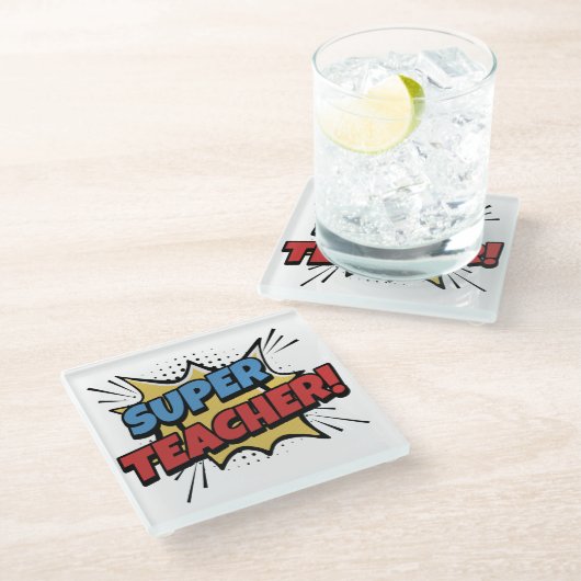 Super Teacher Comic Style Glasuntersetzer (Schrägansicht)