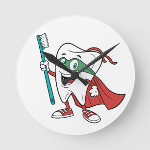 Super Tooth Held Lustige Zahnklinik Runde Wanduhr