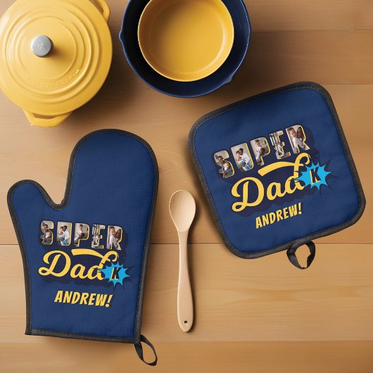 Super Vater Custom Fotos Superhero Monogram Ofenhandschuh & Topflappen-Set