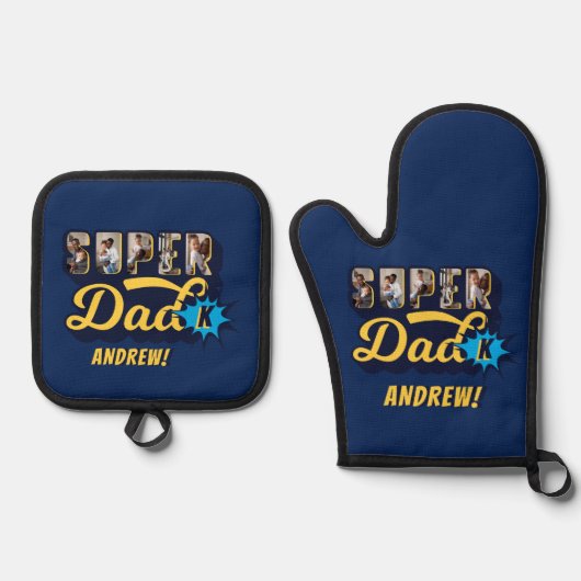 Super Vater Custom Fotos Superhero Monogram Ofenhandschuh & Topflappen-Set (Vorderseite)