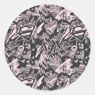 Supergirl rosa und schwarze Gekritzel Runder Aufkleber