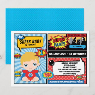 Superheld 1. Geburtstag Party Comicen / Blonde Haa Einladung