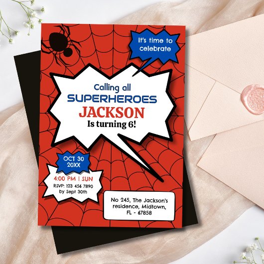 Superheld 6. Geburtstag Kinder Spinne rot schwarz Einladung