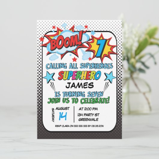 Superheld 7. Geburtstagsparty Einladung (Stehend Vorderseite)