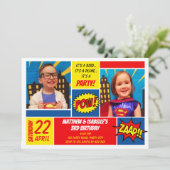 Superheld Birthday Invitation (Twins) Einladung (Stehend Vorderseite)