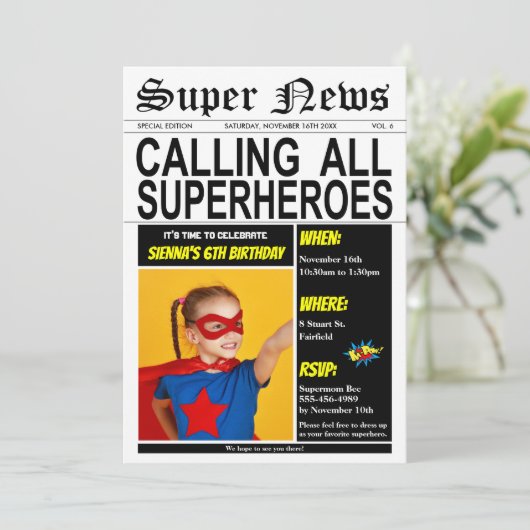 Superheld Birthday Party Super Hero Girl Boy Foto Einladung (Stehend Vorderseite)