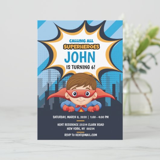 Superheld, Braunhaar, Party Einladung 12x18 (Stehend Vorderseite)