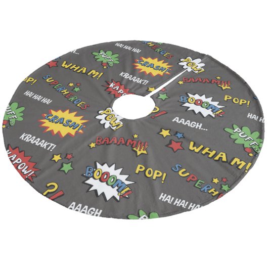 Superheld-buntes Spaß-Muster Fleece Weihnachtsbaumdecke (Schrägansicht)