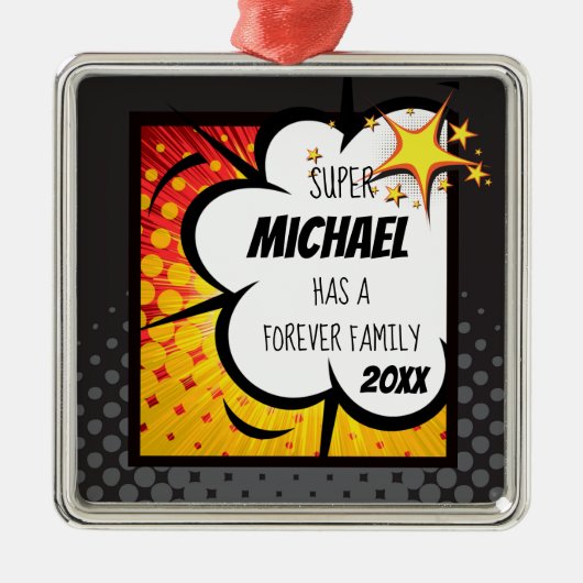 Superheld-Comic-Buch-Adoption, Familien-Geschenk Silbernes Ornament (Vorne)