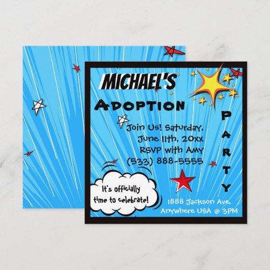 Superheld-Comic-Buch-Adoptions-Party Einladung (Vorne/Hinten)