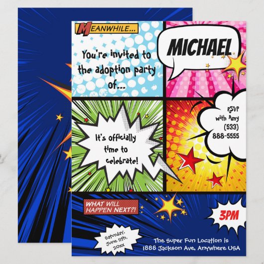Superheld-Comic-Buch-Adoptions-Party Einladung (Vorne/Hinten)