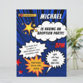 Superheld-Comic-Buch-Adoptions-Party Einladung (Stehend Vorderseite)