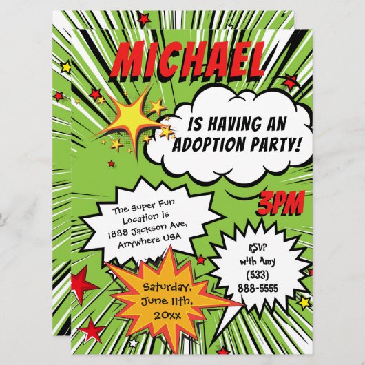Superheld-Comic-Buch-Adoptions-Party Einladung (Vorne/Hinten)