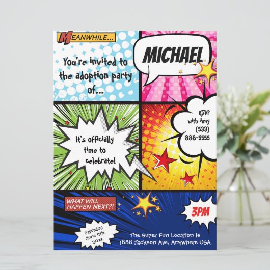 Superheld-Comic-Buch-Adoptions-Party Einladung (Stehend Vorderseite)