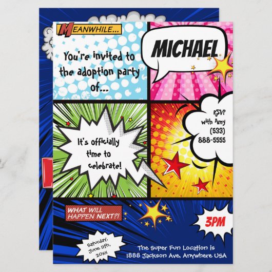 Superheld-Comic-Buch-Adoptions-Party Einladung (Vorne/Hinten)