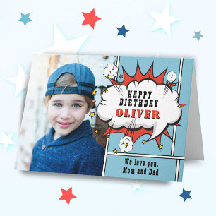 Superheld Comic Sprechblase Junge Foto Geburtstag  Karte