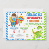 Superheld & Dinosaurier gemeinsame Geburtstagseinl Einladung (Vorderseite)