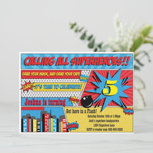 Superheld-Geburtstagsparty Einladung (Stehend Vorderseite)