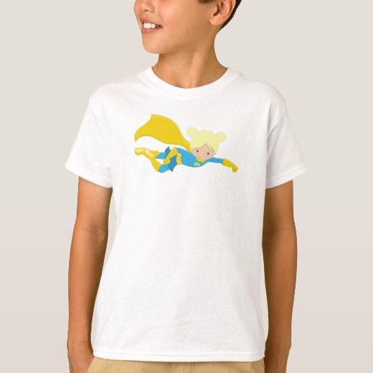 Superheld Girl, Blonde Hair, Held, Gelbes Kap T-Shirt (Vorderseite)