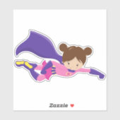 Superheld Girl, Braunhaar, Lila Kap, Niedliches Mä Aufkleber (Blatt)