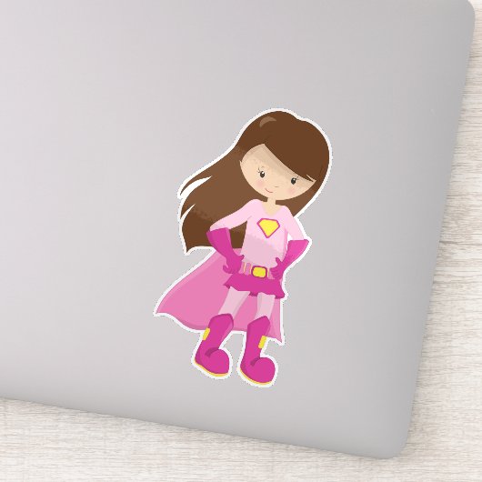 Superheld Girl, Braunhaar, Niedliches Mädchen, ros Aufkleber (Detail)