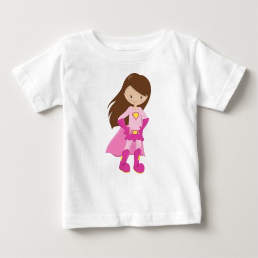 Superheld Girl, Braunhaar, Niedliches Mädchen, ros Baby T-shirt (Vorderseite)