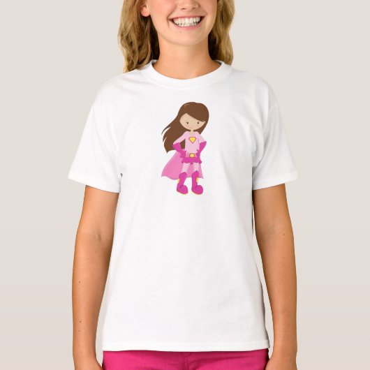 Superheld Girl, Braunhaar, Niedliches Mädchen, ros T-Shirt (Vorderseite)