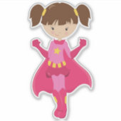 Superheld Girl, Braunhaar, rosa Kaps, Niedliches M Aufkleber (Vorderseite)