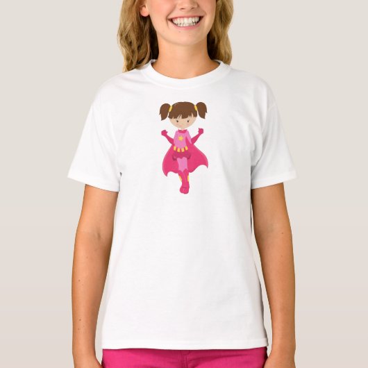 Superheld Girl, Braunhaar, rosa Kaps, Niedliches M T-Shirt (Vorderseite)