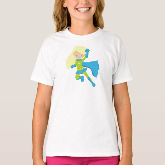 Superheld Girl, Niedlich Girl, Blonde Hair, Blue C T-Shirt (Vorderseite)