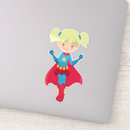 Superheld Girl, Niedlich Girl, Blonde Hair, Red Ca Aufkleber