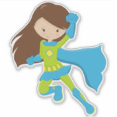 Superheld Girl, Niedlich Girl, Braunhaar, Blue Cap Aufkleber (Vorderseite)