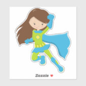 Superheld Girl, Niedlich Girl, Braunhaar, Blue Cap Aufkleber (Blatt)