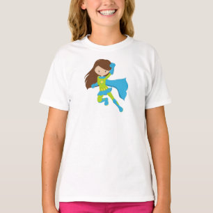 Superheld Girl, Niedlich Girl, Braunhaar, Blue Cap T-Shirt