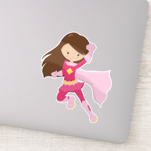 Superheld Girl, Niedlich Girl, Braunhaar, rosa Cap Aufkleber (Detail)