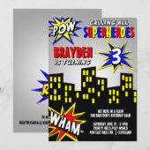 Superheld in City Boys Geburtstag Einladung (Vorne/Hinten)