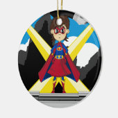 Superheld-Mädchen auf Dachspitze Keramikornament (Links)