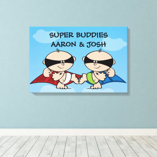 Superheld Twin Boys Personalisierte Leinwand Kunst (Insitu (Holzboden))