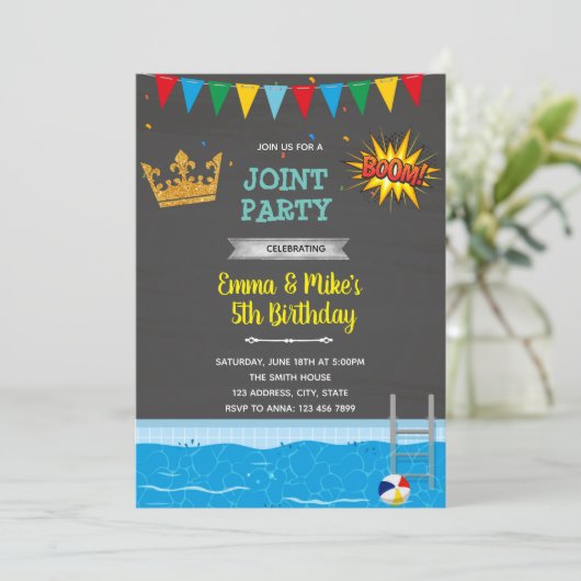 Superheld und Prinzessin schwimmen Thema Einladung (Stehend Vorderseite)