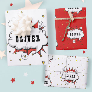 Superhelden-Comic-Sprechblase Roter Junge Name Geschenkpapier Set