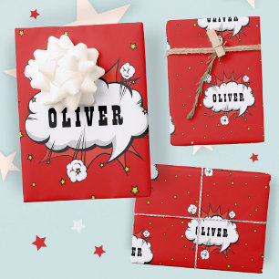 Superhelden-Comic-Sprechblase Roter Junge Name Geschenkpapier Set