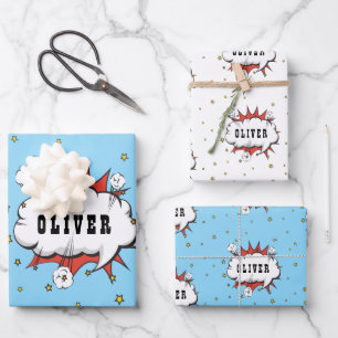 Superhelden-Comic-Sprechblase roter Junge Name Geschenkpapier Set