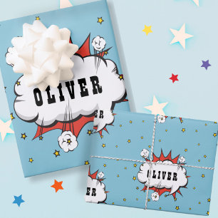 Superhelden-Comic-Sprechblasen-Jungen-Name Geschenkpapier Set