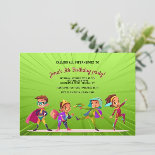 Superhelden Geburtstagspartei Einladung (Stehend Vorderseite)