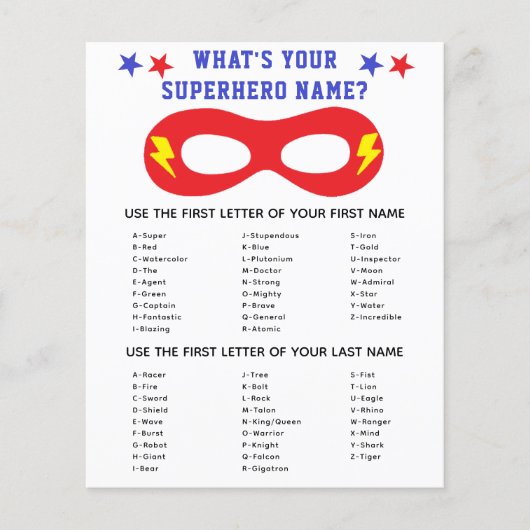 Superhelden-Namensgenerator-Spiel (Vorderseite)